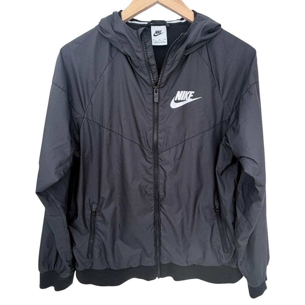 Nike Windbreaker Jacket Womens XL Black Full Zip Hooded Lightweight Jacket